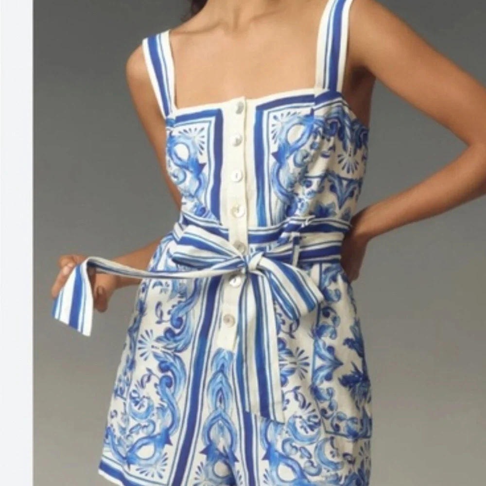 Farm Rio Blue and White Romper - Picture 1 of 8